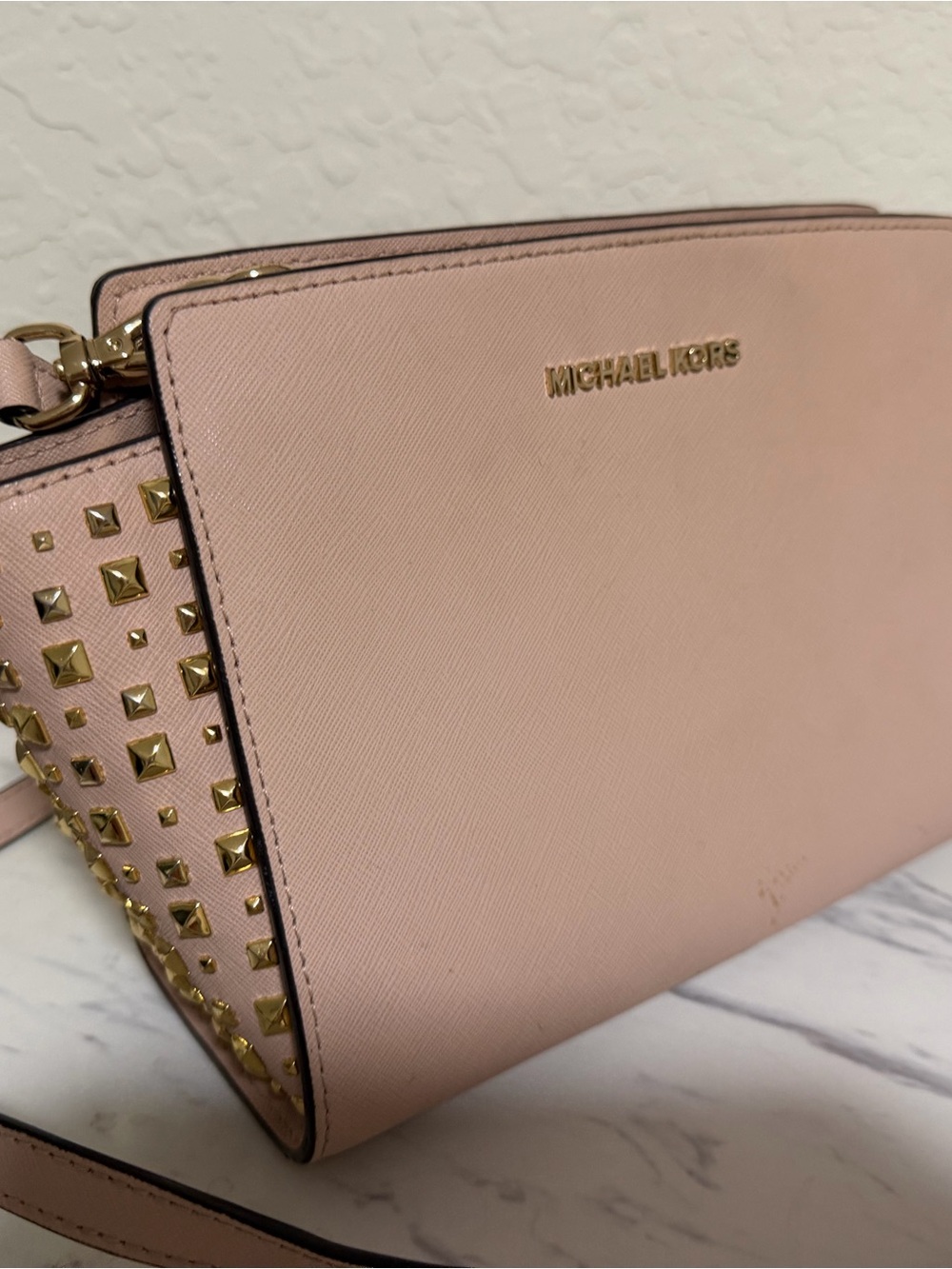 Michael Kors Pale Pink Studded Saffiano Crossbody Bag